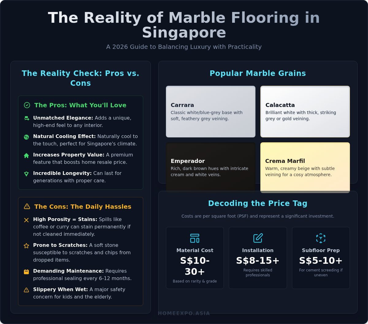 Marble Flooring Singapore: A 2026 Guide to Costs, Pros, Cons & Modern Alternatives